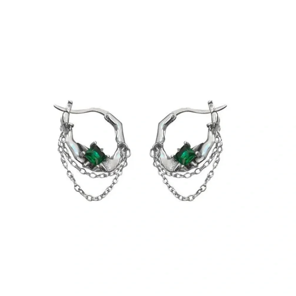 Emerald Chain Silver Ear Buckle Earrings - Picture 3 of 3